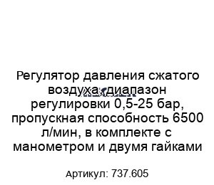 Регулятор давления сжатого воздуха, диапазон регулировки 0,5-25 бар, пропускная способность 6500 л/мин, в комплекте с манометром и двумя гайками 737.605